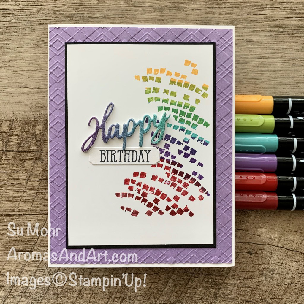 By Su Mohr for PP; Click READ or VISIT to go to my blog for details! Featuring: Word Wishes Dies, Rainbow Glimmer Paper, Stampin' Write Markers, Absolutely Argyle embossing, Well Said Stamp Set, Textured Essentials Stamp Set; #birthdaycards #masculinebirthday #cardtechniques #inktostamp #texturedessentials #rainbowcoloring #rainbowsoncards #handmadecards #handcrafted #diy #cardmaking #papercrafting