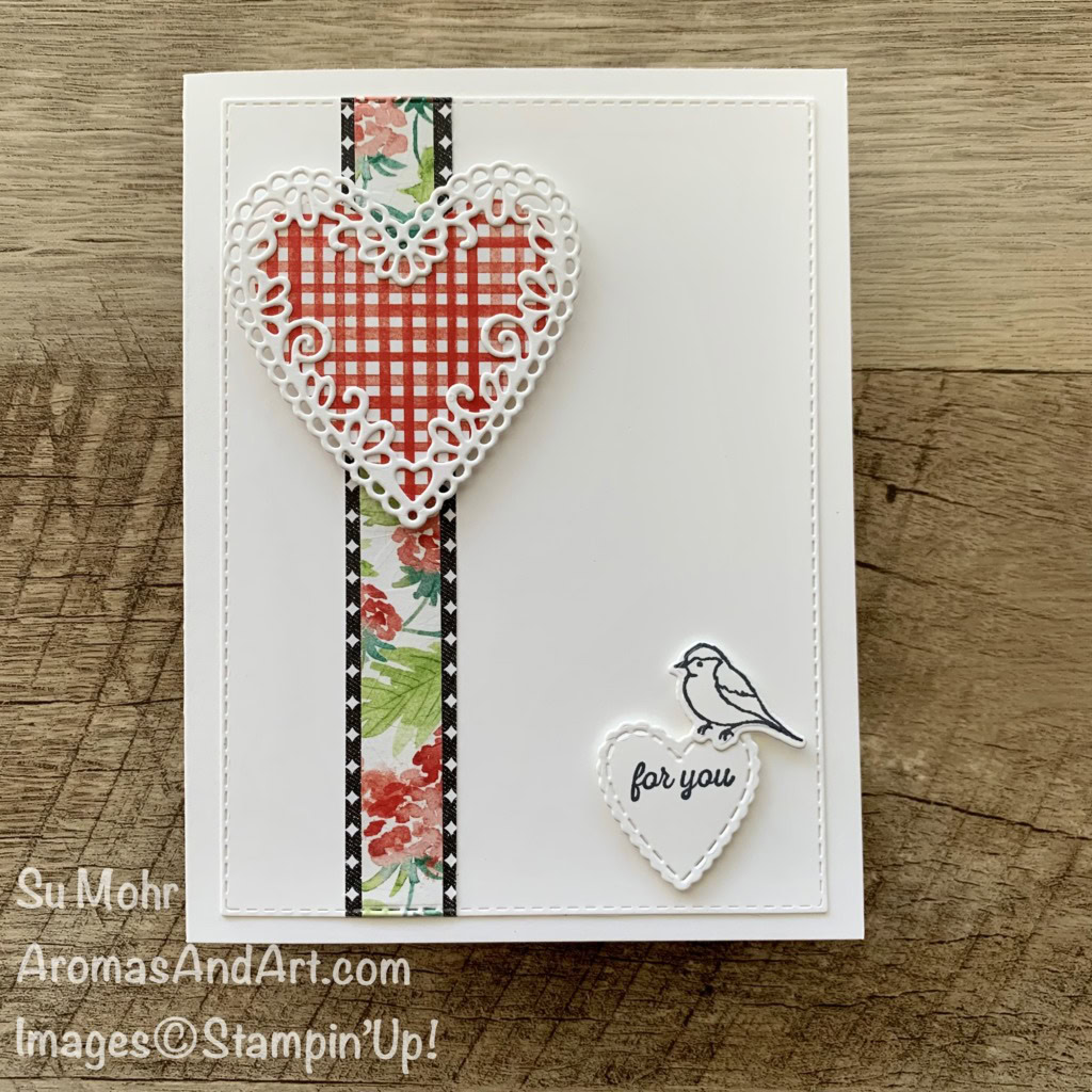 By Su Mohr for Fusion; Click aromasandart.com to go to my blog for details! Featuring: Berry Delightful Designer Paper, Be Mine Stitched Dies, Stitched Rectangles Dies, Quite Curvy Bundle; True Love Designer Paper; #heartsoncards #valentines #cleanandsimplecards #saleabration2021 #stampinup #handmadecards #handcrafted #diy #cardmaking #papercrafting #sumohr #aromasandart