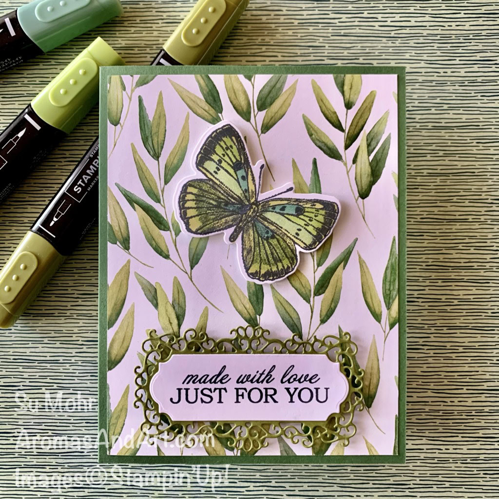 By Su Mohr for Fusion; Click aromasandart to go to my web site for details! Featuring: Butterfly Brilliance Stamp Set, Brilliant Wings Dies, Ornate Frames Dies, Forever Greenery Designer Paper, Quite Curvy Stamp Set; #butterflies #butterflycards #brilliantwings #butterflybrilliance #stamparatus #ornateframes #handmadecards #handcrafted #diy #papercrafting #cardmaking #cardchallenges #cardinspiration #stampinblends