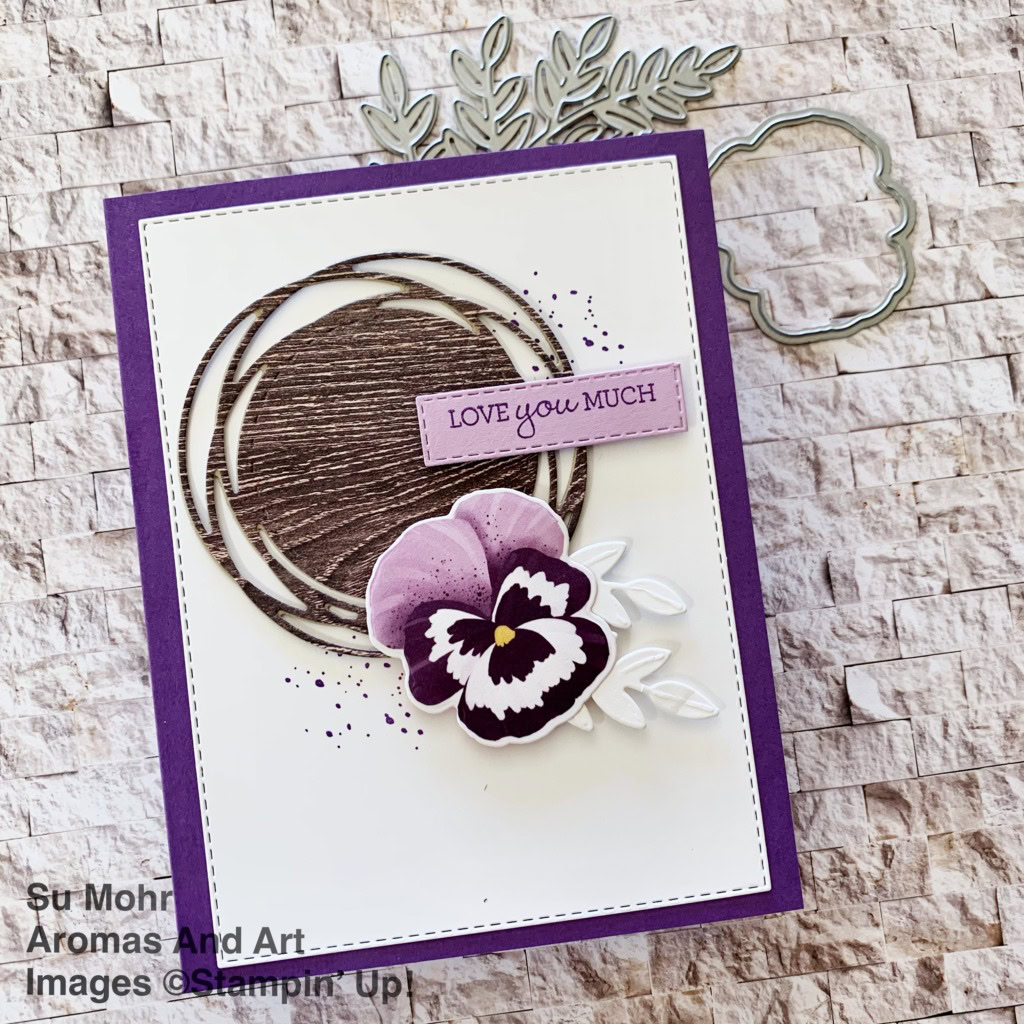 By Su Mohr for FMS; Click aromasandart to go to my web site for details! Featuring: Pansy Patch Stamp Set, Pansy Dies, Pansy Petals Designer Paper, Painted labels Dies, In Good Taste Designer Paper; #pansypatch #pansypetals #pansydies #pansies #flowersoncards #paintedlabels #ingoodtaste #sneakpeeks #handmadecards #handcrafted #diy #cardmaking #papercrafting ##sumohr #aromasandart