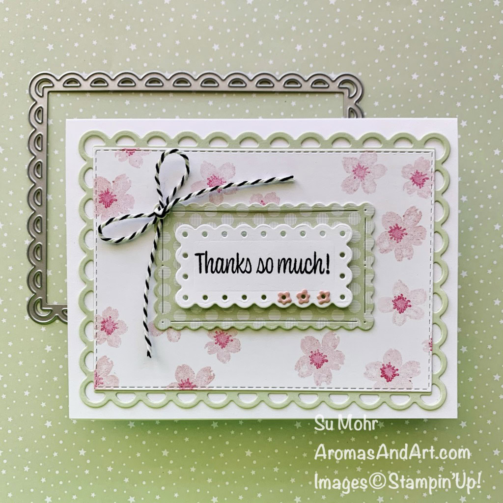 By Su Mohr; Click aromasandart to go to my web site for details! Featuring: Sweet As A Peach Stamp Set, Peach Dies, Scalloped Contours Dies, Stitched Rectangles Dies, Playful Pets Trim; #sweetasapeach #peachdies #peachesoncards #fruitoncards #scallopedcontours #stitchedrectangles #thankyoucards #peachblossoms #friutblossoms #handmadecards #handcrafted #diy #cardmaking #papercrafting #sumohr #aromasandart #cardinstruction