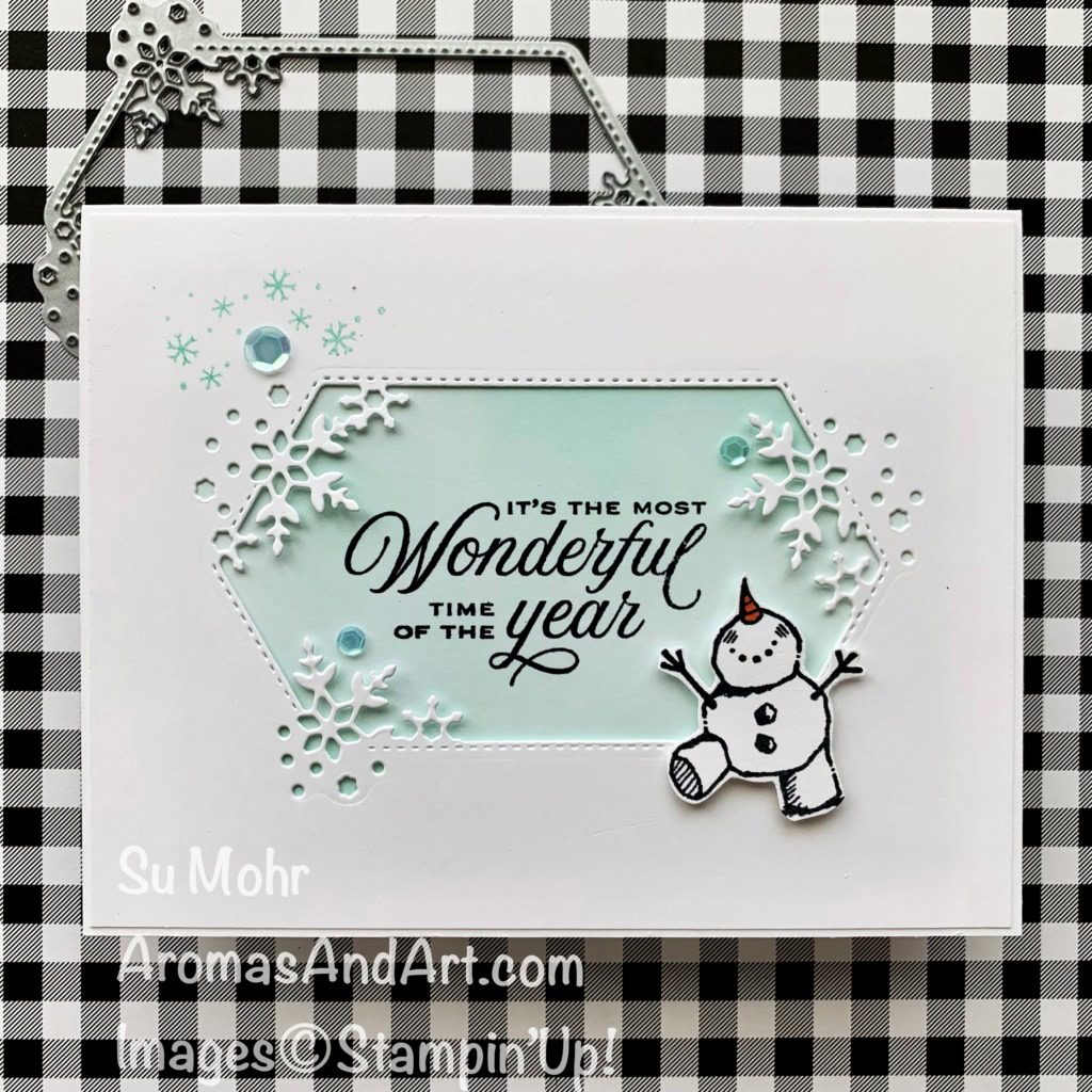 By Su Mohr for TGIF; click aromasandart.com to go to my website for details! Featuring: Snowman Season Stamp Set, Tidings & Trimmings Bundle, Snowflake Wishes Stamp Set, So many Snowflakes Dies; #snowmanseason #snowmen #snowmenoncards #holidaycards #christmascards #tidingsandtrimmings #snowflakewishes #snowflakes #handmadecards #handcrafted #diy #cardmaking #papercrafting #sumohr #aromasandart.com/shop #stampinup #stamping #color combos