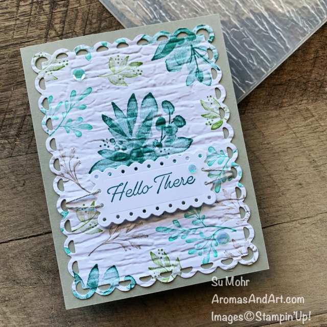By Su Mohr; Click aromasandart.com to go to my website for details! Featuring:Eden's Garden Stamp Set, Bark Embossing Folder, Scalloped Contours Dies, Linen Thread; #cottonquilts #edensgarden #scallopedcontours #floralstamps #cardtechniques #scallopedcontours #handmadecards #handcrafted #diy #cardmaking #papercrafting #stamping #stampinup #sumohr #aromasandart.com/shop