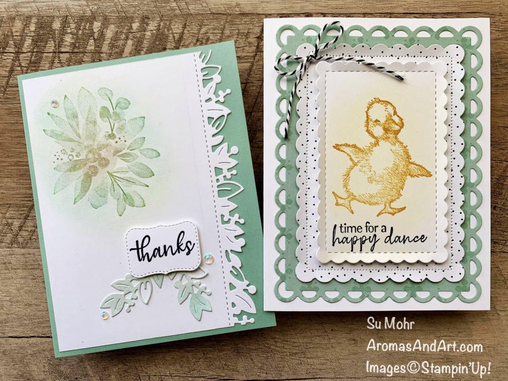 By Su Mohr for Sunday Stamping; Click aromasandart.com to go to my web site for instructions; Featuring: Easter Friends, Flowing Flowers, Scalloped Contours Dies, Pattern Party DSP, Eden's Garden, Eden Dies, Soft Pastels; #softpastels #cardtechniques #easterfriends #ducks #ducksoncards #coloring #flowingflowers #scallopedcontours #edensgarden #edendies #thankyoucards #handmadecards #handcrafted #diy #cardmaking #papercrafting #sumohr #aromasandart.com #stamping #stampinup