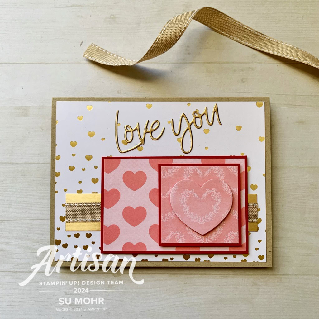 By Su Mohr for TGIF; Click aromasandart.com to go to my website for details! Featuring: Most Adored DSP, Love For You Dies, Adoring Hearts Dies, Burlap Ribbon; #loveforyoudies #adoringhearts #mostadored #sale-a-bration20924 #artisansdesignteam2024 #valentines #heartsoncards #handmadecards #handcrafted #diy #cardmaking #papercrafting #stamping #stampinup #sumohr