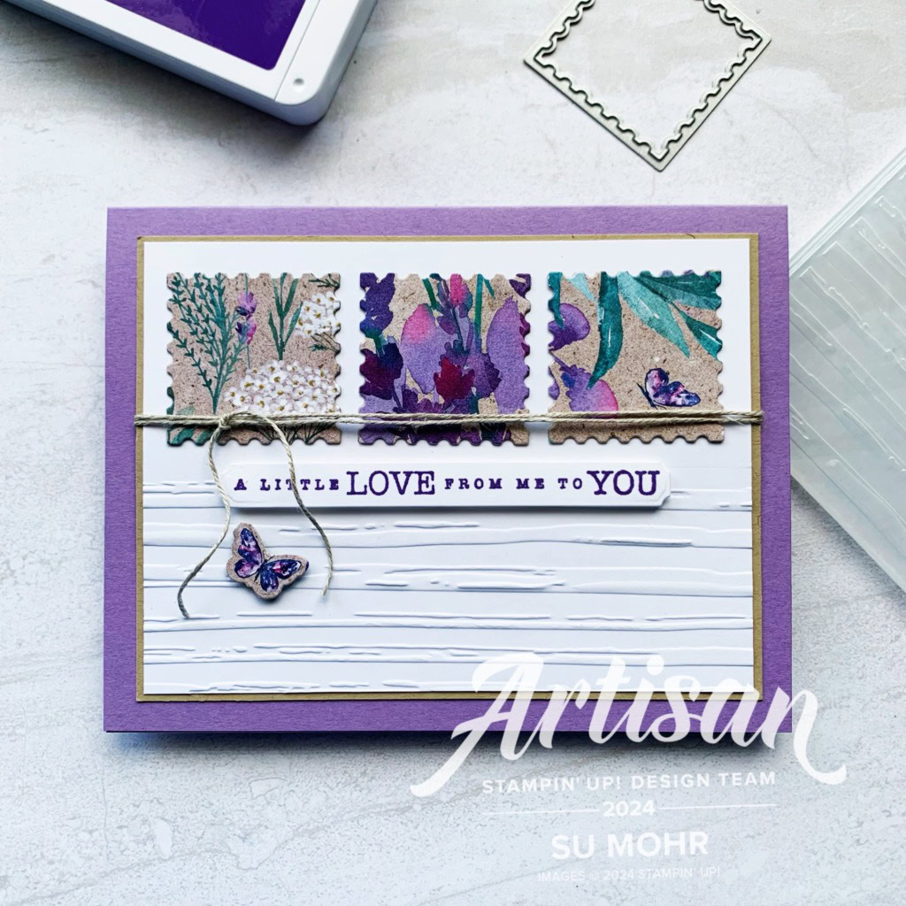 By Su Mohr for FMS; Click aromasandart.com to go to my website for details! Featuring: Perennial Kavender DSP, Perennial Postage Dioes, Sending Love Stamp Set, Stripes embossing, Painted Lavender Dies; #perenniallavender #perennialpostage #sendinglove #paintedlavender #butterflies #handmadecards #handcrafted #diy #cardmaking #papercrafting #stamping #stampinup #sumohr