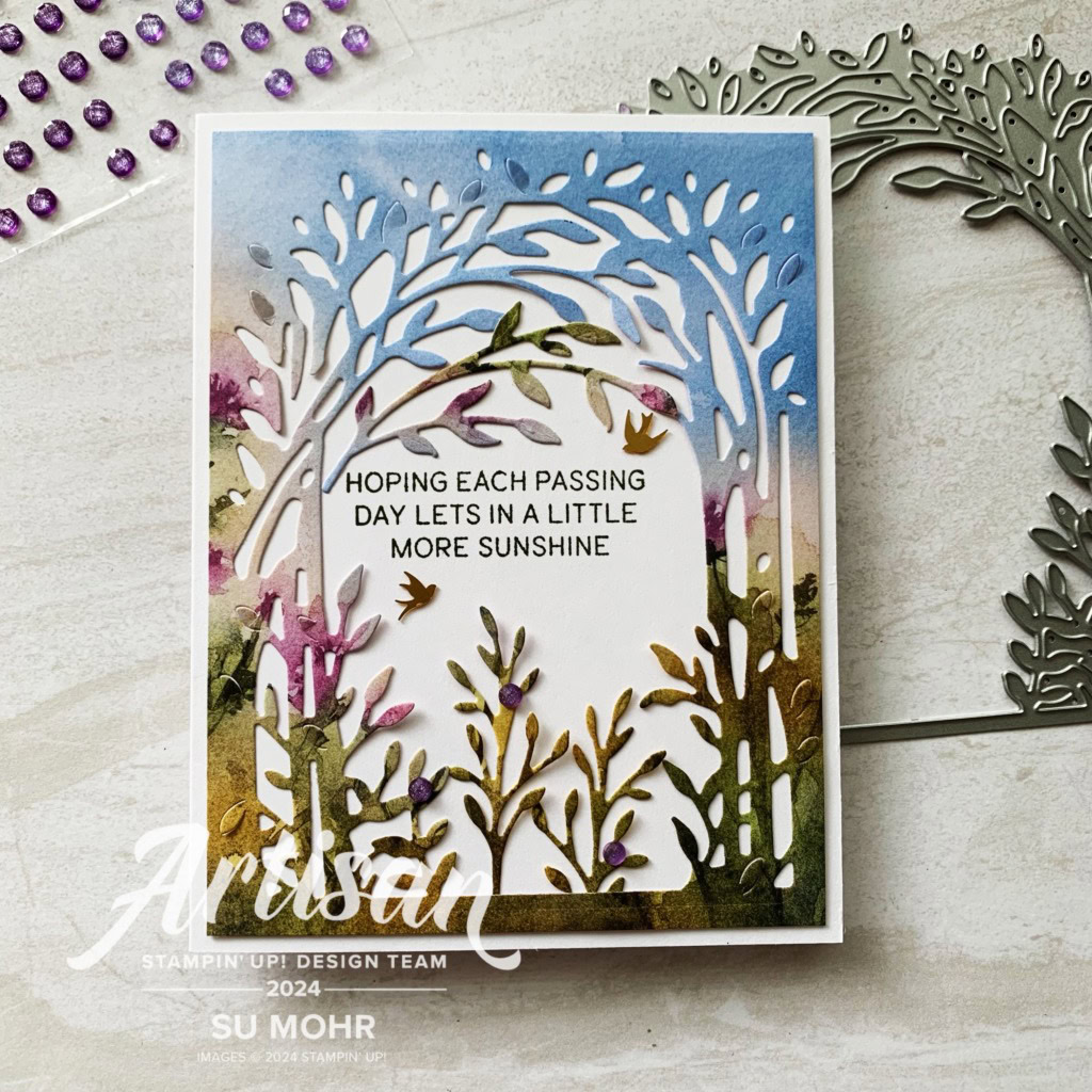 By Su Mohr; Click aromasandart.com to go to my website for details! Featuring: Delicate Forest Stamp Set, Delicate Forest Dies, Thoughtful Journey DSP, Adhesive-backed Dragonflies & Birds, Purple Fine Shimmer Gems; #delicateforest #thoughtfuljourney #sympathycards #handmadecards #handcrafted #diy #cardmaking #papercrafting #artisandesignteam #stamping #stampinup #sumohr