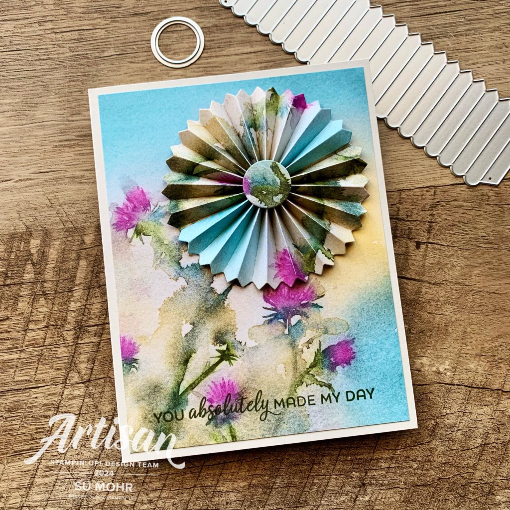 By Su Mohr; Click aromasandart.com to go to my website for details! Featuring: Round We Go Dies, Seaside Wishes Stamp Set, Thoughtful Journey DSP; #roundwego #pinwheels #rosettes #thoughtfuljourney #seasidewishes #handmadecards #handcrafted #diy #cardmaking #papercrafting #stamping #stampinup #artisandesignteam #sumohr