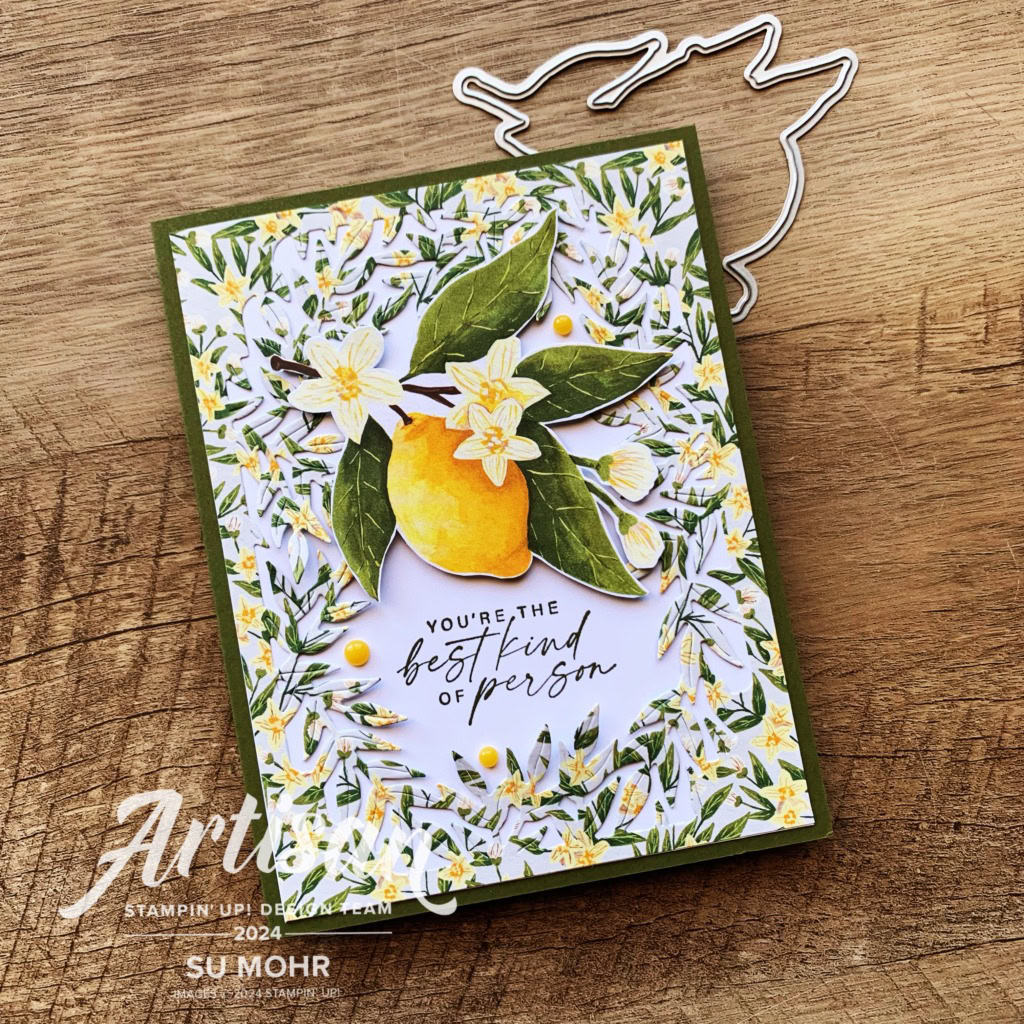 By Su Mohr; Click aromasandart.com to go to my website for details! Featuring: Mediterranean Blooms DSP, Citrus Blooms Stamp Set, Citrus Blooms Dies, Dots For Days; #citrusblooms #mediterraneanblooms #lemons #lemonsoncards #fruitoncards #handmadecards #handcrafted Diy #cardmaking #papercrafting #sumohr #artisandesignteam #stamping #stampinup