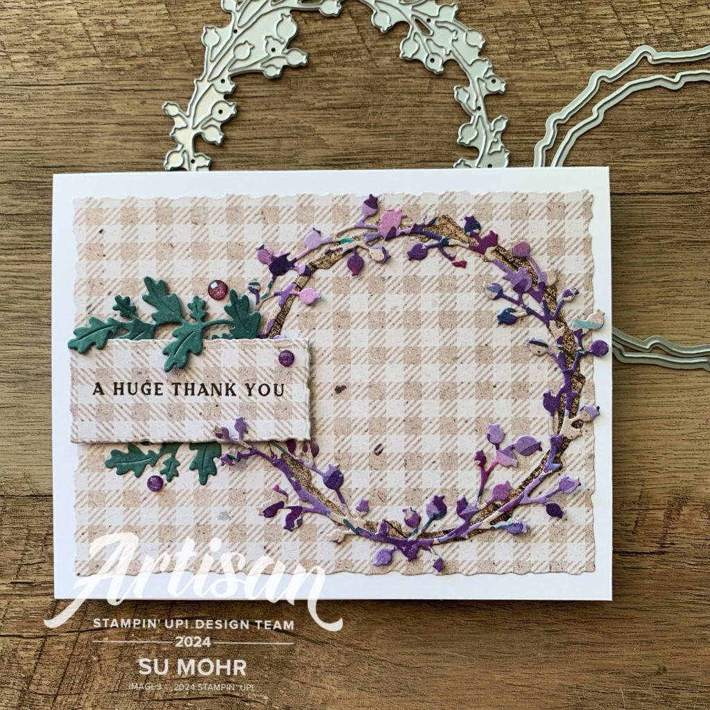 By Su Mohr for TGIF; Click aromasandart.com to go to my website for details! Featuring: Encircled In Nature Bundle, Perennial Lavender DSP, Country Woods DSP, Deckled Rectangles Dies, Purple Fine Shimmer Gems; #encircledinnature #perenniallavender, #countrywoods, #deckledrectangles, #wreaths #thankyoucards #cardsketches #handmadecards #handcrafted #cardmaking #diy #papercrafting #stampinup #stamping #sumohr #artisandesignteam