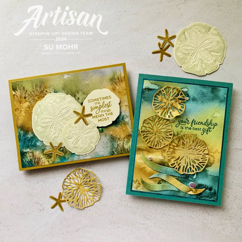 By Su Mohr for Artisan June Project; Click aromasandart.com to go to my website for details! Featuring: Seaside Wishes Stamp Set, Seaside Wishes Hybrid Embossing Folder, Thoughtful Journey DSP; #sanddollars #beach #shells #artisanprojects #artisandesignteam #handmadecards #handcrafted #diy #cardmaking #papercrafting #stampinup #sumohr #stamping