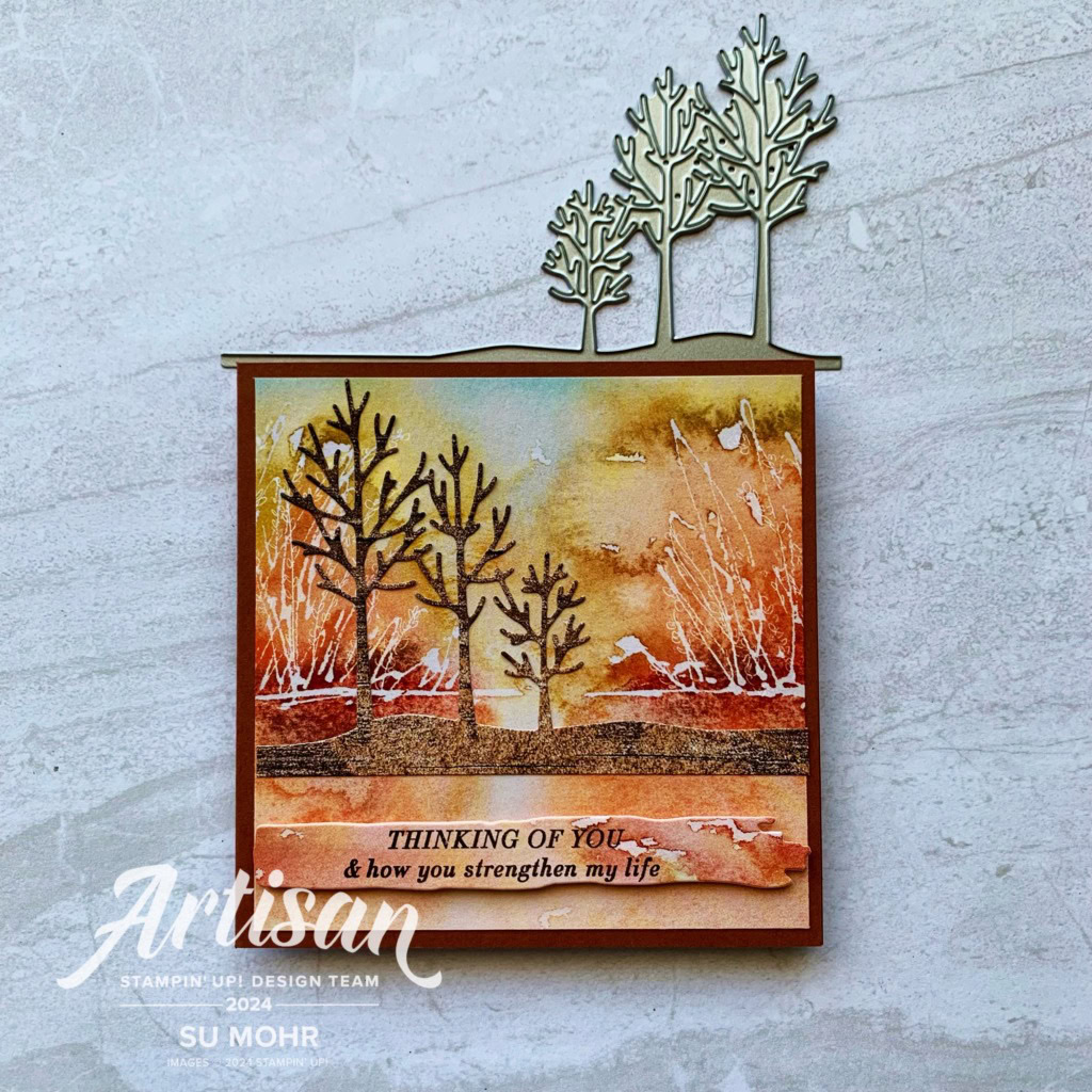 By Su Mohr; Click aromasandart.com to go to my website for details! Featuring: Frosted Forest, Thoughtful Journey DSP, Country Woods DSP, Friends For Life Dies; #frostedforest #friendsforlife #thoughtfuljourney #countrywoods #squarecard #crafting #handmadecards #papercrafting #stampinup #cardmaking #treesoncards #artisandesignteam #sumohr