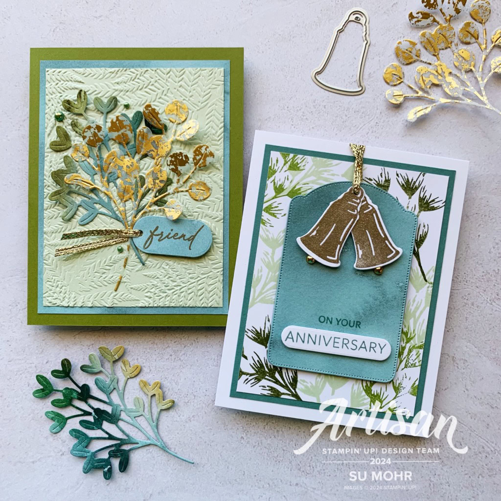 By Su Mohr for Artisan Design Team; Click aromasandart.com to go to my website for details! Featuring: Golden Greenery Bundle, Greetings Of The Season Dies, Everyday Greetings Stamp Set, Thoughtful Journey DSP, Fern Embossing Folder, Gold Mercury Vellum, Gold Trim, Blooming Pearls; #goldmercuryvellum #greetingsoftheseason #everydaygreetings #goldtrim #goldengreenery #thoughtfuljourney #artisandesignteam #handmadecards #handcrafted #diy #cardmaking #papercrafting #heatembossing #cardtechniques #stamping #stampinup #sumohr