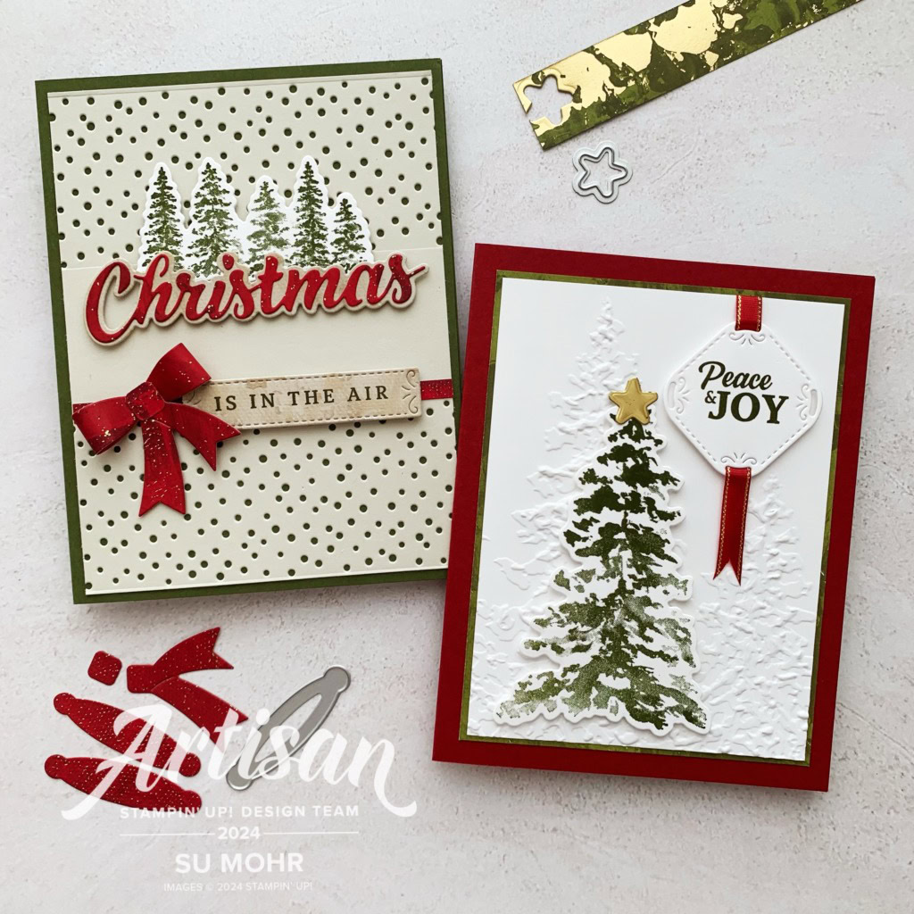 By Su Mohr for Artisan Design Team Project; Clickaromasandart.com to go to my website for details! Featuring: Peaceful Season Bundle, Peaceful Evergreens Bundle, Season Of Elegance DSP, Painted Trees Embossing Folder; #seasonofelegance #peacefulevergreens #peacefulseason #paintedtreesembossing #handmadecards #handcrafted #cardmaking #diy #papercrafting #artisandesignteam #stampinup #sumohr