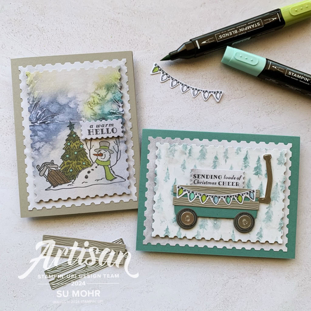 By Su Mohr for Artisan Design Team Monthly Project; Click aromasandart .com to go to my website for details! Featuring: Filled With Cheer Stamp Set, Filled With Fun Stamp Set, Filled With Fun Dies, Winter Meadow DSP; #filledwithfun #filled with cheer #christmascards #snowmen #handmadecards #artisandesignteam #stampinup #cardmaking #diy #crafting #sumohr #wagon #christmastree
