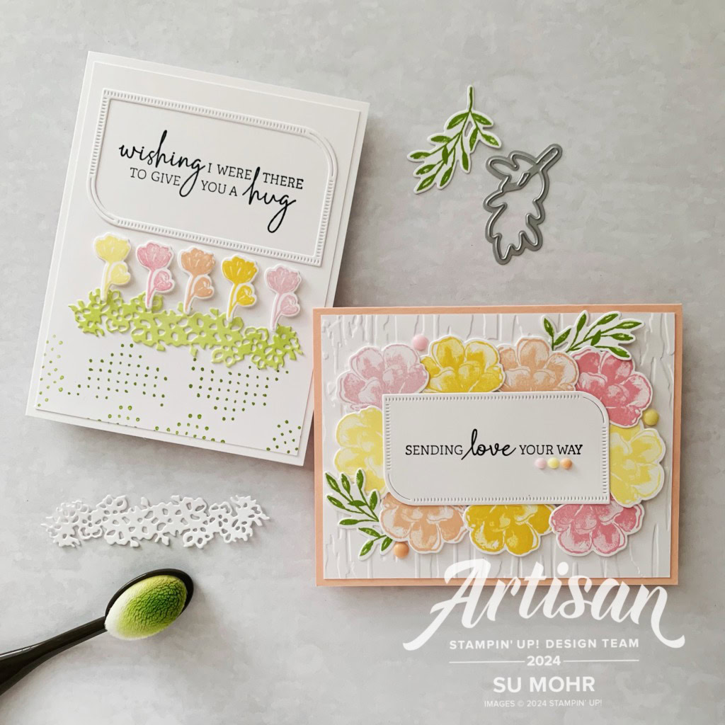 By Su Mohr for Artisan October Project; Click aromasandart.com to go to my website for details! Featuring: Regal Flora Stamp Set, Regal Flora Dies; Birch Wood Embossing Folder; Rainbow Dots; #regalflora #flowers #flowersoncards #sept-dec2024minicatalog #handmadecards #handcrafted #diy #cardmaking #papercrafting #artisandesignteam #sumohr #stampinup