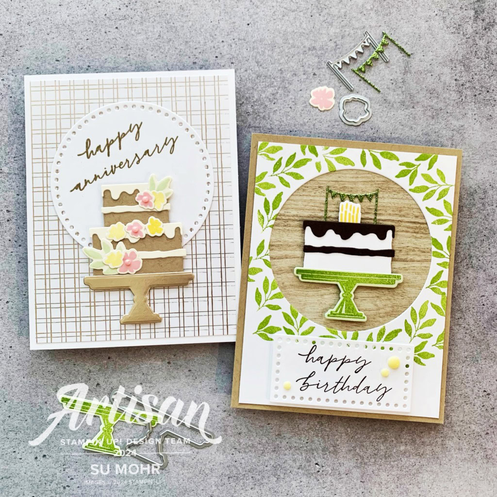By Su Mohr for December Artisan Project; Featuring: Cake Celebrations Bundle: #cakecelebrations #cake #layeredcake #birthdaycards #anniversarycards #artisanproject #everydaydetails #handmadecards #cardmaking #artisans #stampinup