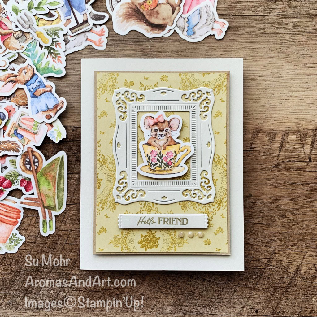 By Su Mohr; Cl;ick aromasandart.com to go to my website for details! Featuring: Storybook Friends Bundle, Storybook Moments DSP, Happy little Things Dies, Earth Tones Shimmer Gems; #storybookfriends #storybookmoments #animalsoncards #animals #cardsforchildren #rabbits #bunnies #eastercards #springcards #january-april2025 #Stampinup