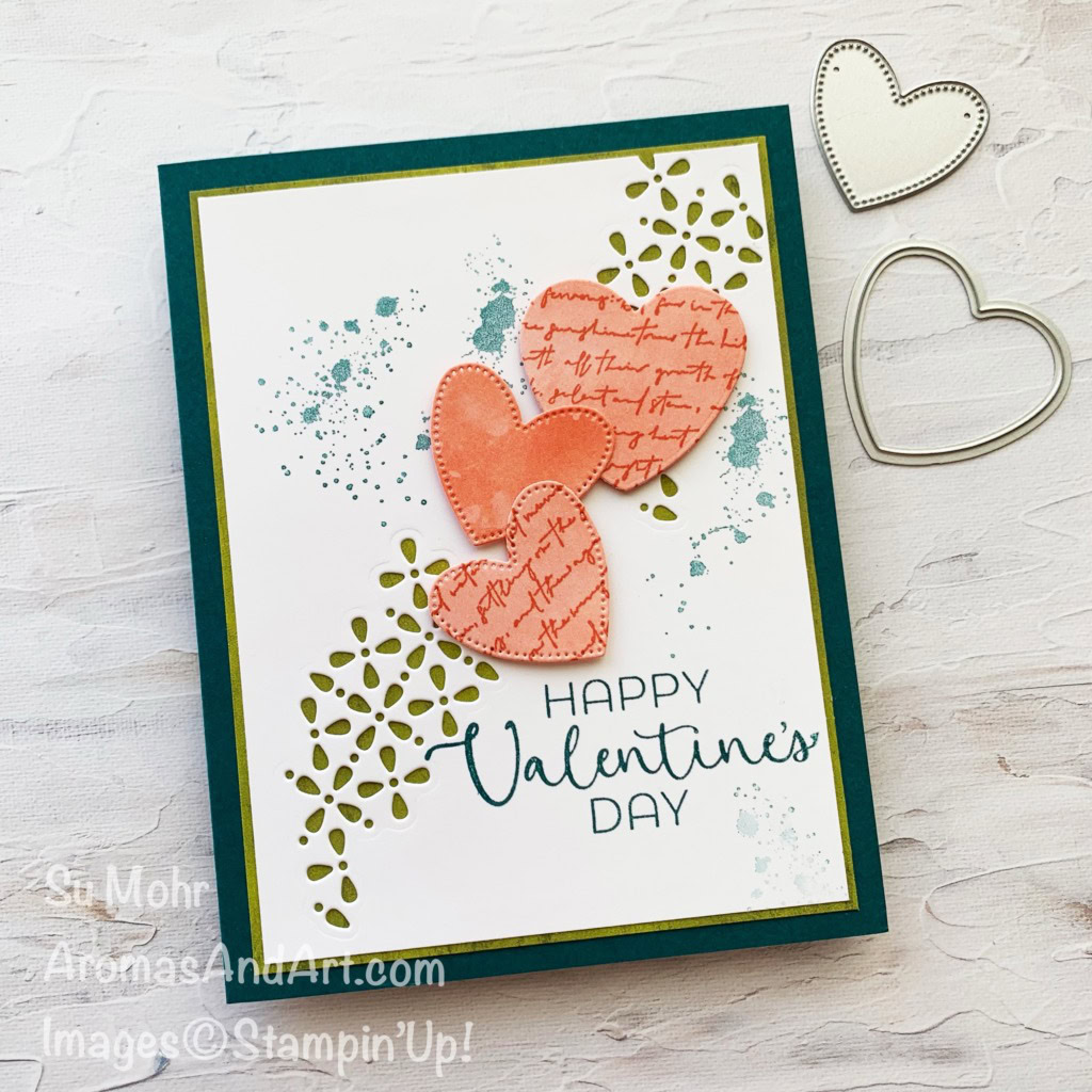 By Su Mohr for GDP 481; Click aromasandart.com to go to my website for details! Featuring: Hearts Of Elegance Bundle, Delightful Wishes Dies, Beautiful Bokeh DSP, Elements Of Text Stamp Set; #delightfulwishes #elementsoftext #beautifulbokeh #heartsofelegance #valentines #valentinecards #colorchallenges #gdp481 #nontraditional #hearts #stampinup #sumohr