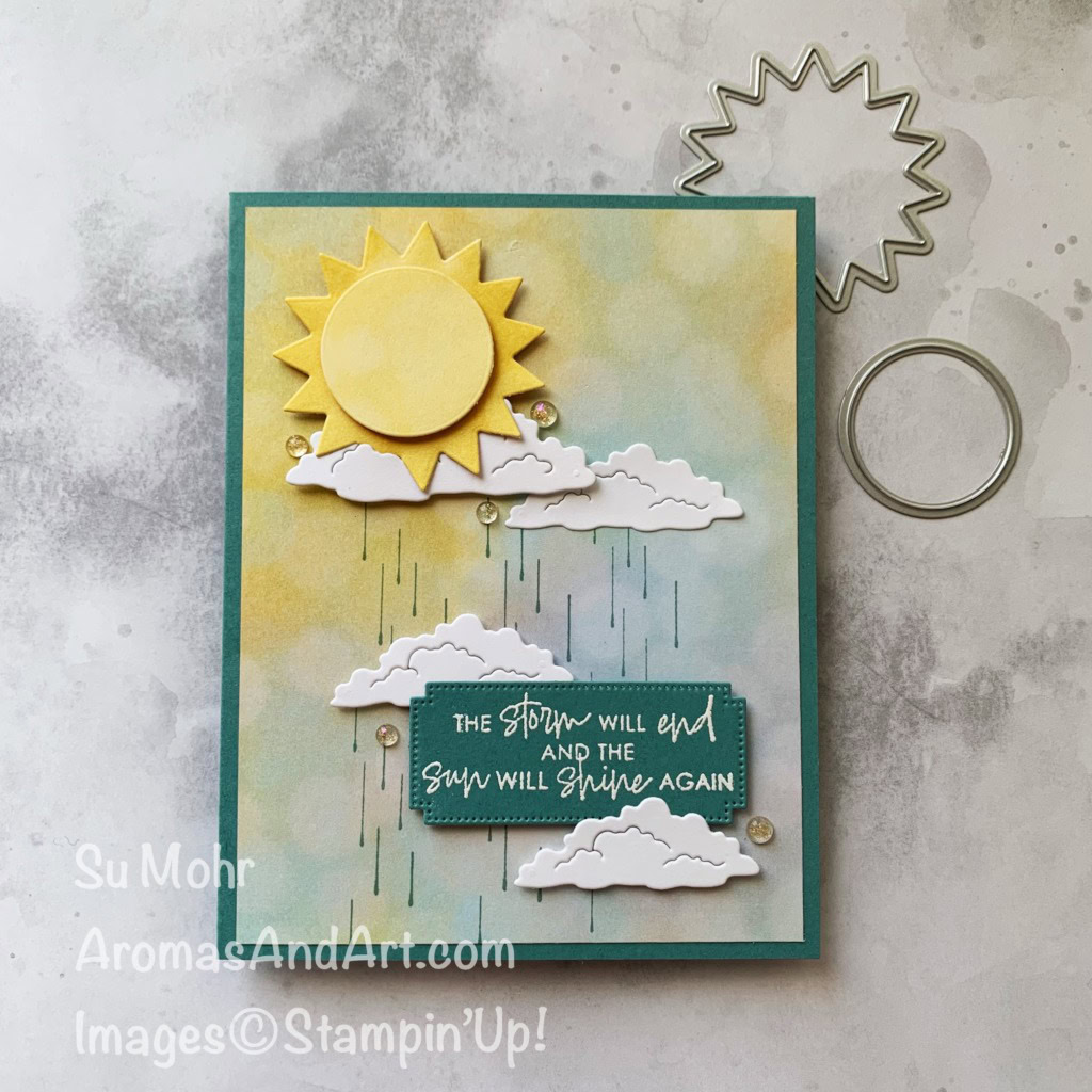 By Su Mohr for GDP 487; Click aromasandart.com to go to my website for details! Featuring: Umbrella Days Bundle, Spring Corners Bundle, Autumn Leaves Dies, Beautiful Bokeh DSP, Iridescent Foil Gems; #sun #clouds #rain #storm #rainbows, #handmadecards #handcrafted #cardmaking #papercrafting #stampinup #gdp487