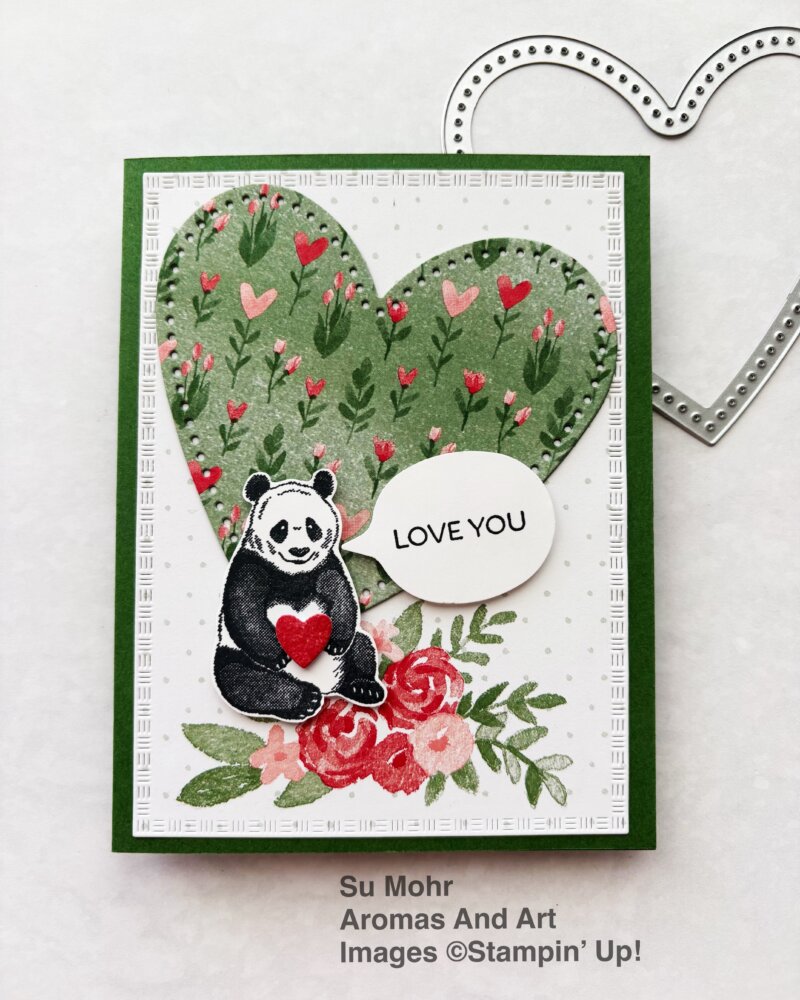 By Su Mohr for Stampin' Fancy Friday! Click aromasandart.com to go to my website for details! Featuring: Endless Love Dies, Love Notes Mix & Match DSP, Big Little Things Stamp Set, Bee Builder Punch; #endlesslove #lovenotes #biglittlethings #beebuilderpunch #panda #valentine #stampinfancyfriday #handmadecards #handcrafted #stampinup