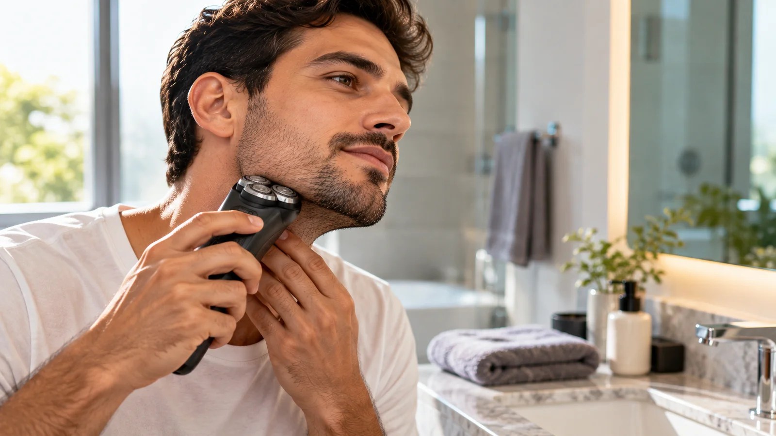 Man shaving his jaw with a rotary electric shaver in a bright bathroom