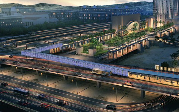 Wind Bridge is a system of integrated metal panels along the pedestrian bridge connecting a new busway station to Union Station and Patsaouras Transit Plaza.
