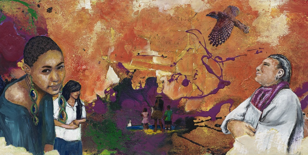Artwork with various people including a person looking at you.