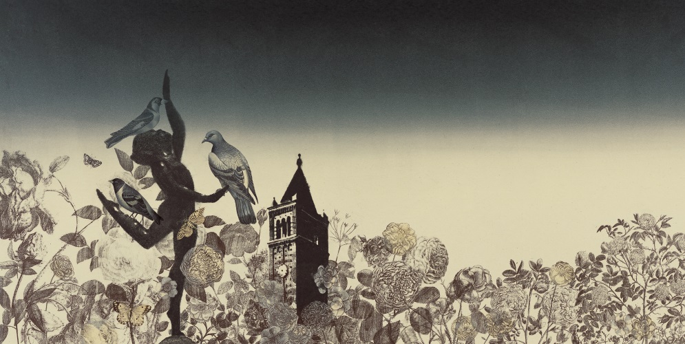 Art combining a dramatic indigo sky, romantic architecture, archival imagery, and a dense landscape of roses.