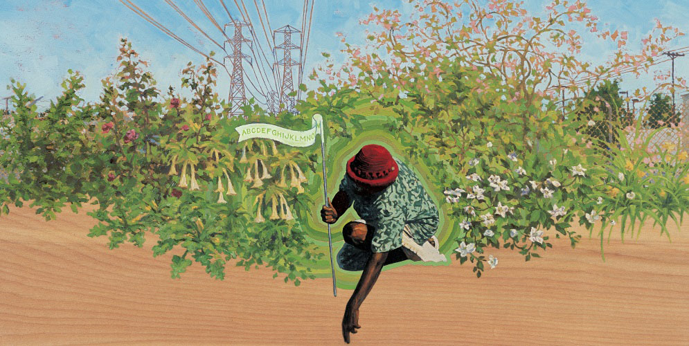 Art of a vibrant green garden with a person working the land.