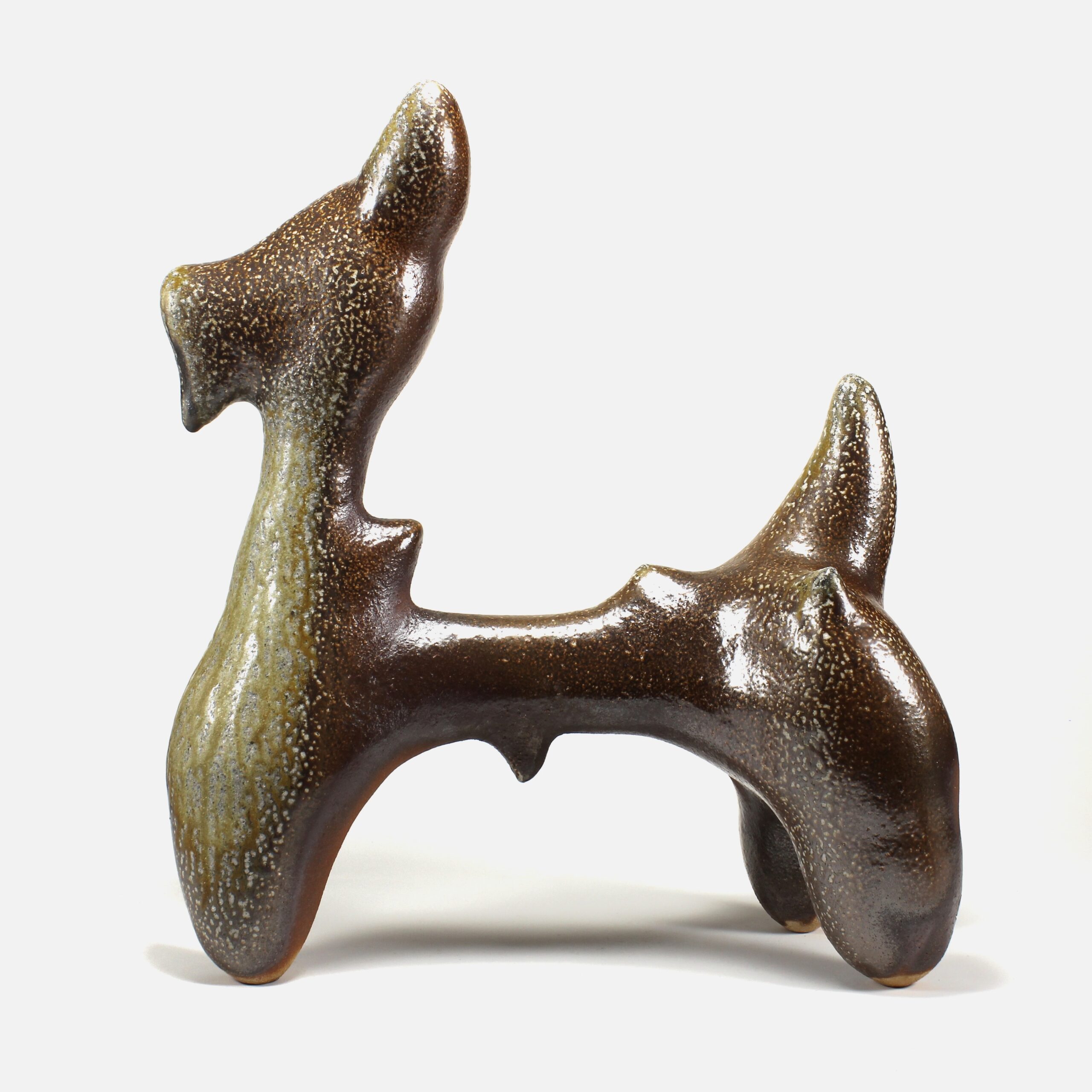 coil-built stoneware Helmer flashing slip, wood ash and soda glazes, acrylic, polyurethane wood and soda fired in a noborigama