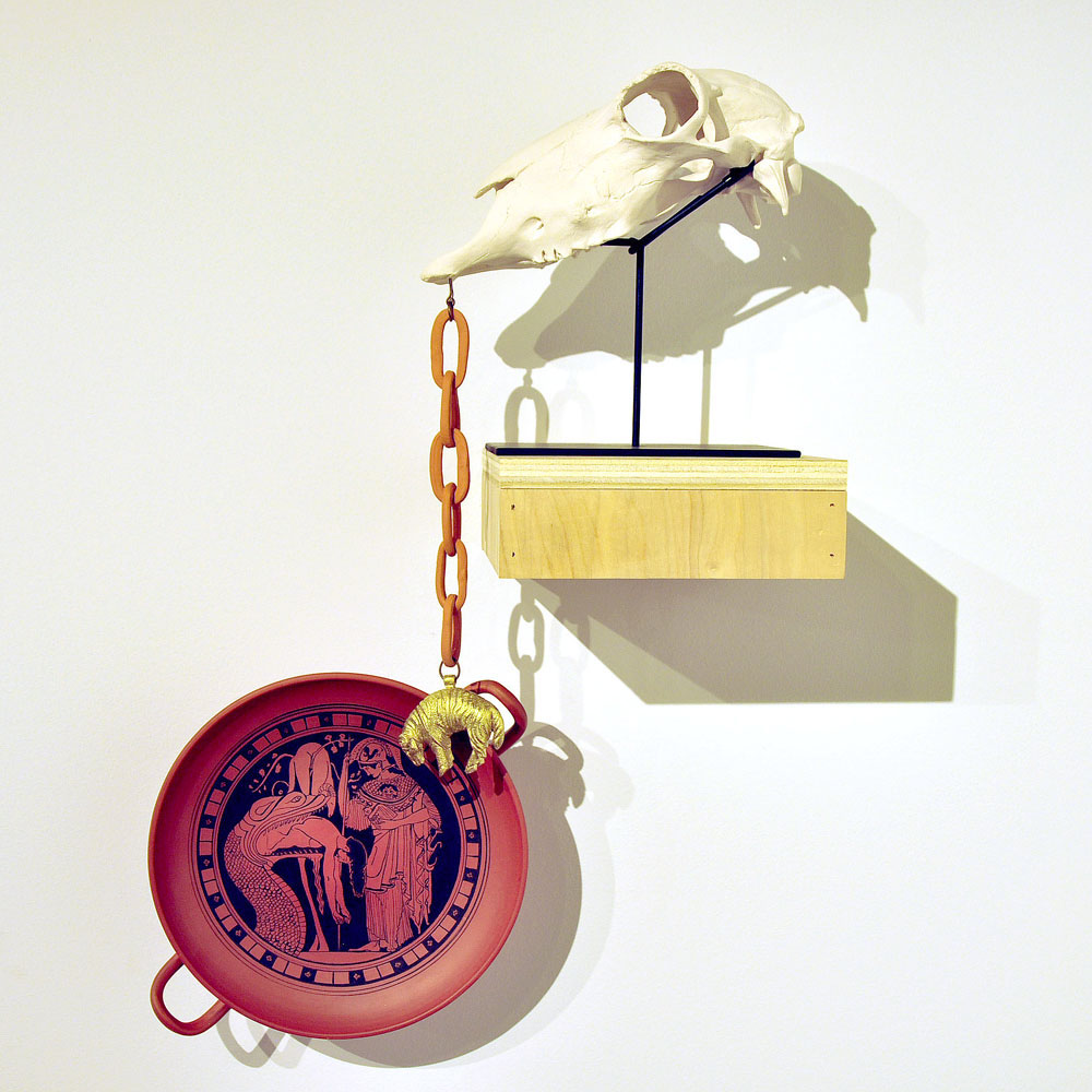 Terra cotta copy of Greek original kylix, Porcelain sheep skull, porcelain sheep pendant with gold leaf, Dimensions vary, 2016