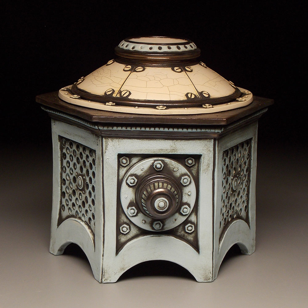Wheel thrown and hand built mid-range stoneware, terra sigillata, glaze, fired to Cone 6 oxidation. 8” x 12” x 8”. 2014