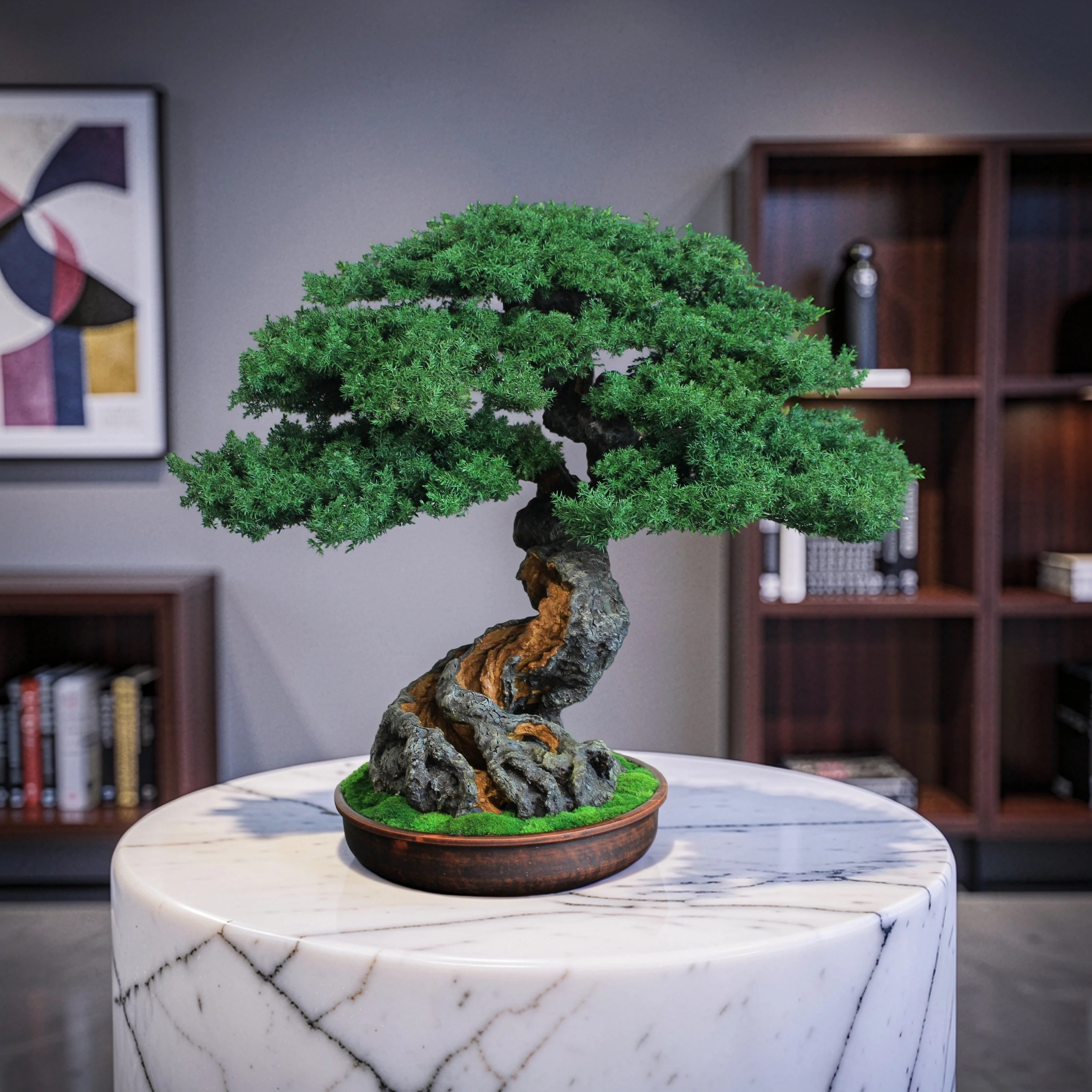 52 cm preserved juniper bonsai tree displayed in a modern interior