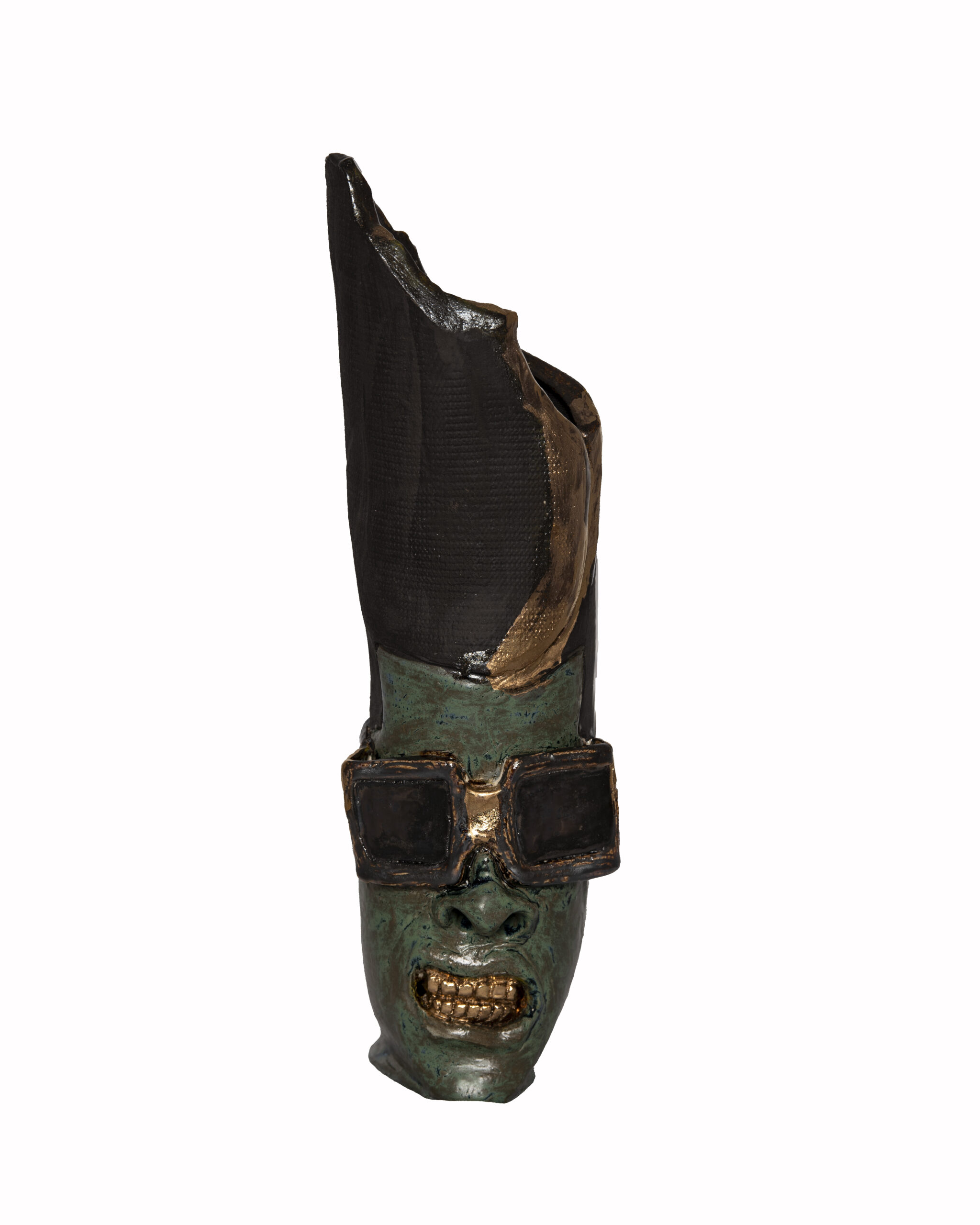Bishop, a ceramic sculpture by Gary Gee featuring a tall black crown, green face, oversized glasses and gold teeth.