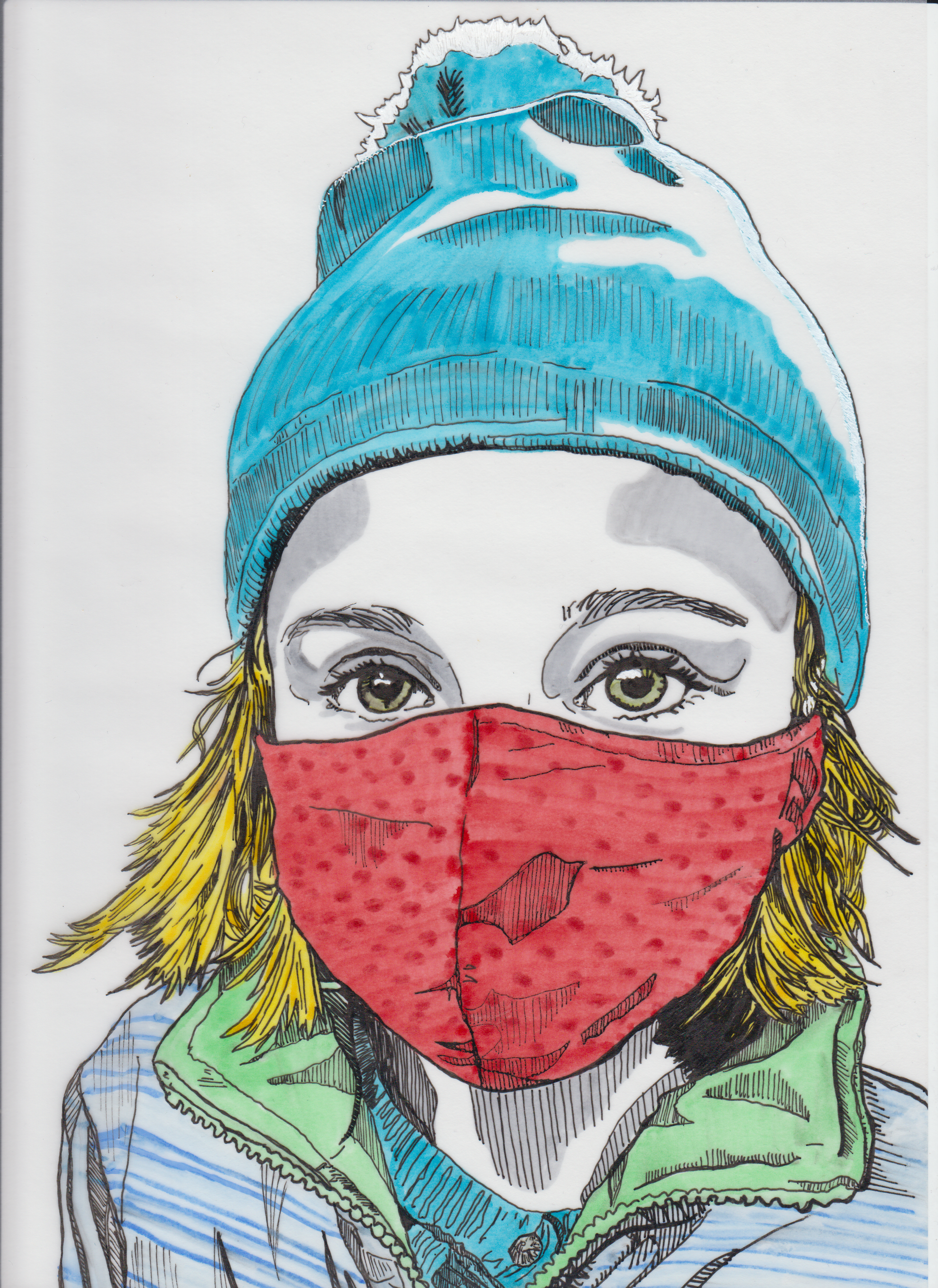 Marker and ink illustration of young girl in a blue winter hat, green eyes, blonde hair, and red mas with polka dots.