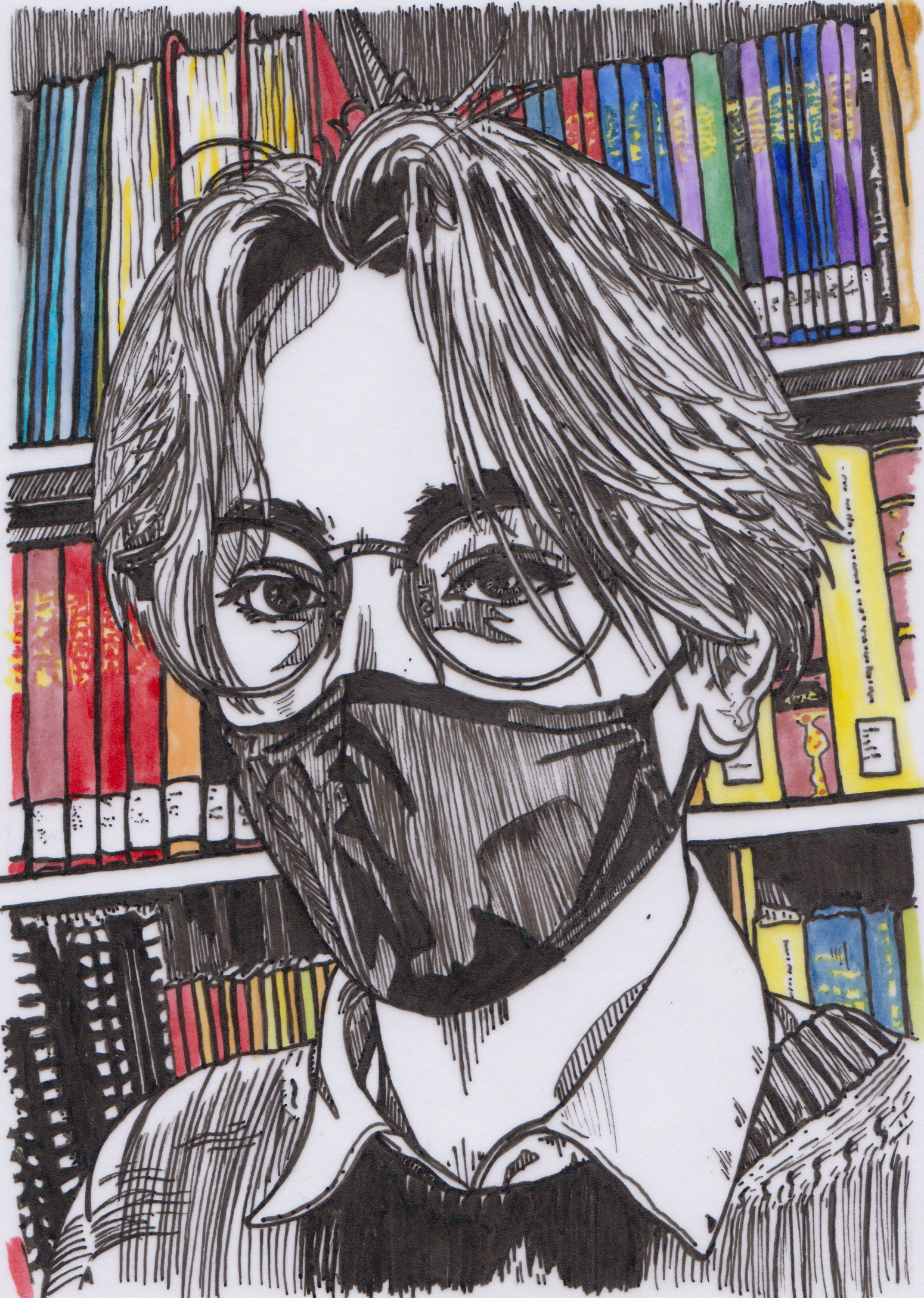 Teen boy in front of book case, books are colorful, the rest is black and white