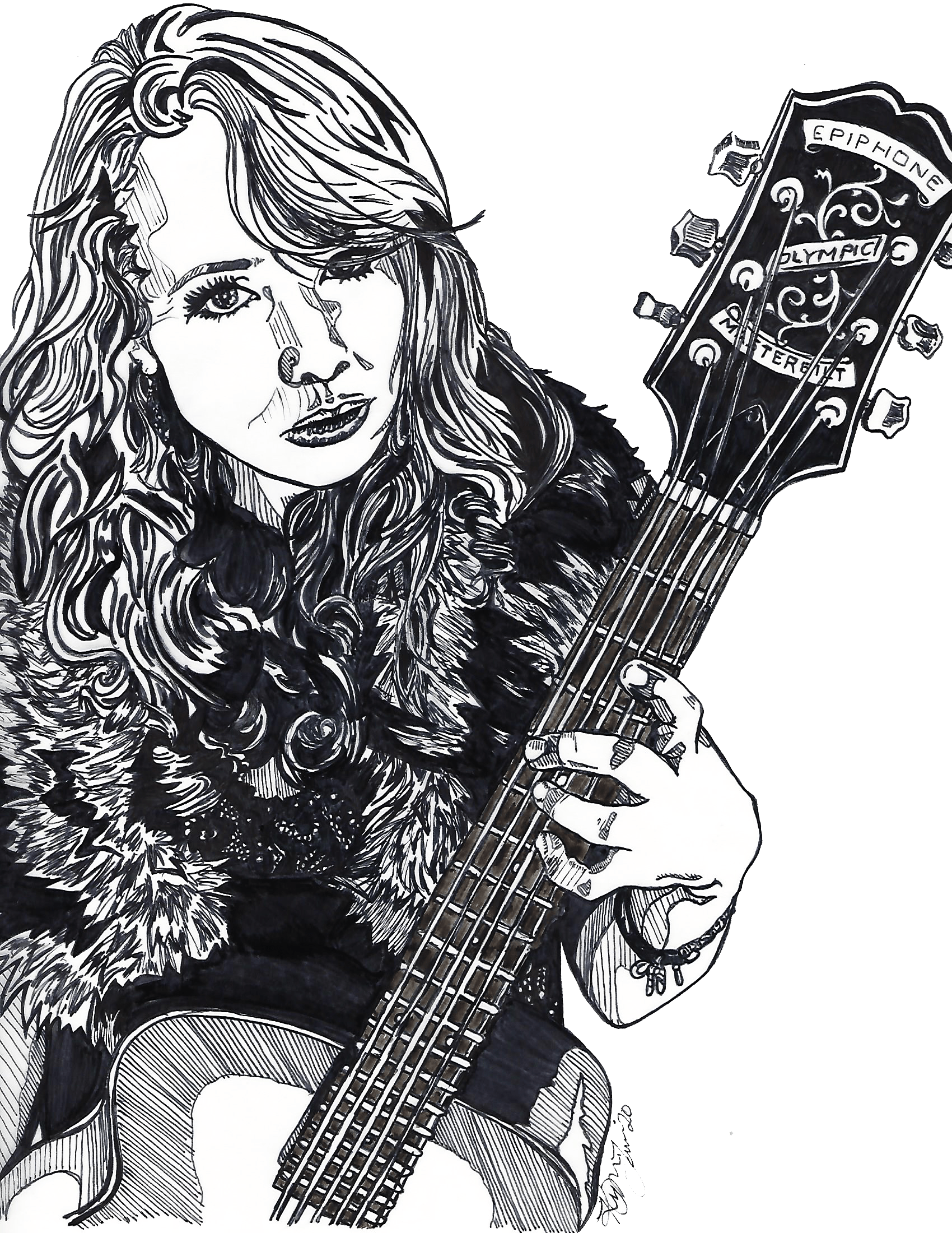 Black and white portrait of a woman with a guitar