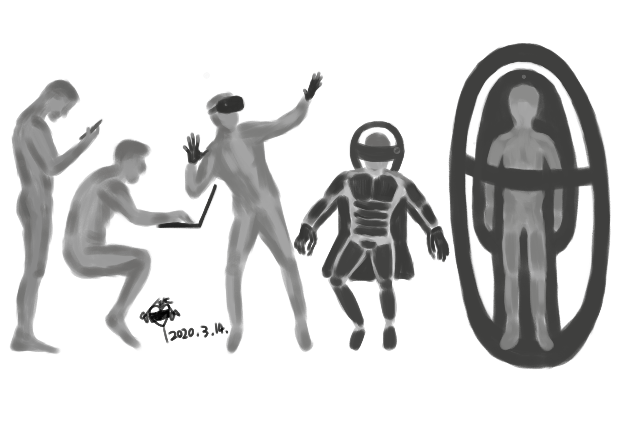 Human evolution starting from the 21st century. 1. Some world events may boost the adoption of certain technologies. If you can see where our world is heading to, would you still develop technologies like everyone else? 2. The lack of creativity and diversity of thought is the cause of hypes in industry. Most people take advantage of it. I'd be really sad if wearables will be primarily used for VR, for example. 3. It may seem to be a bleak future. But at least here these technologies are democratized. Or maybe it is more likely that they will only be accessed by the rich, while the rest of the people work for them?