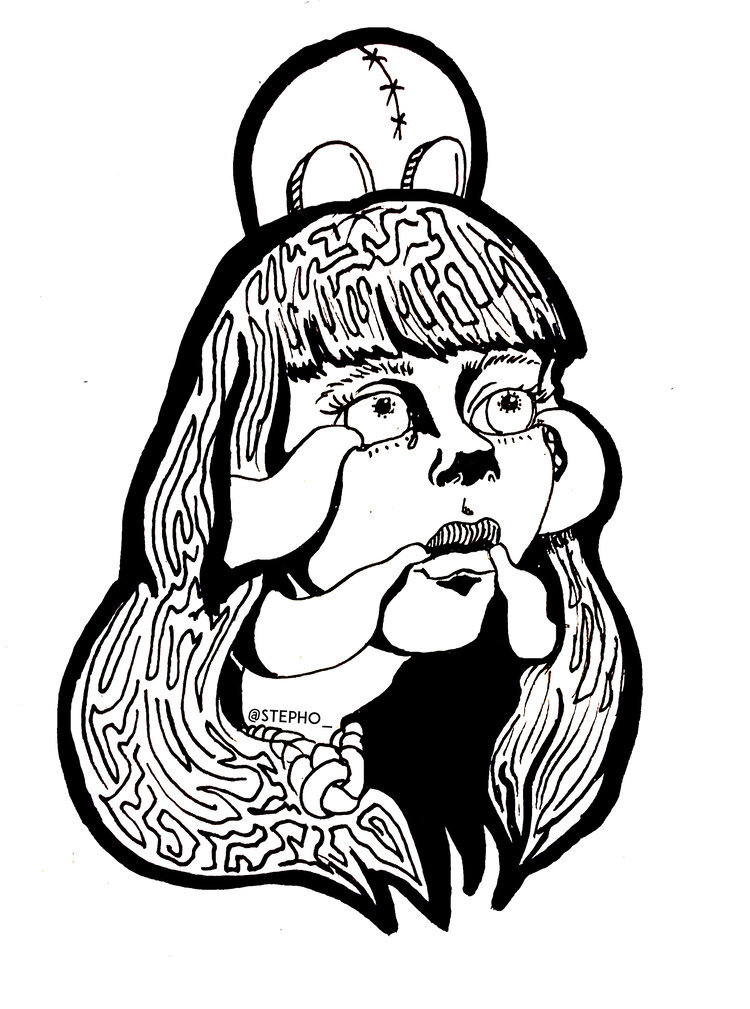 A drawing of an alien and a woman