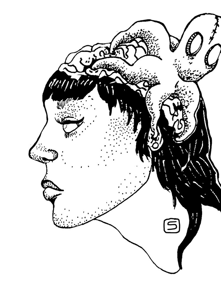 A drawing of an alien mind controlling a woman