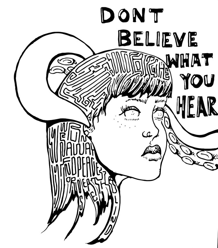 A drawing of a woman being controlled by sounds