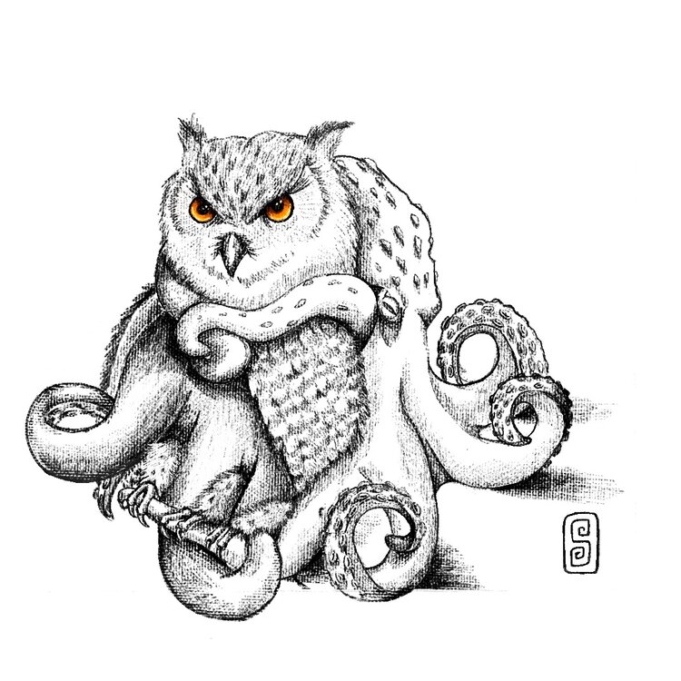 A digital drawing of an owl and octopus
