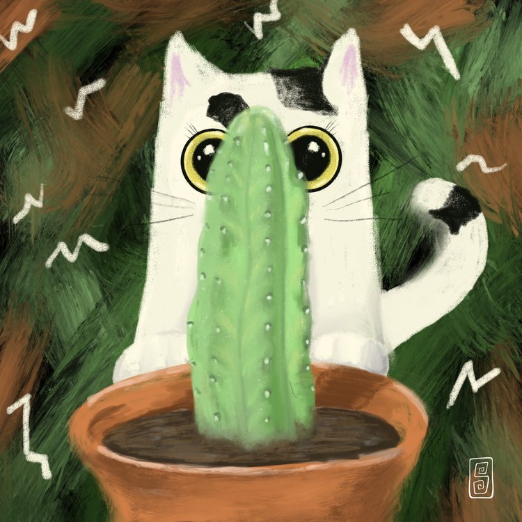 A digital painting of a cat behind a cactus