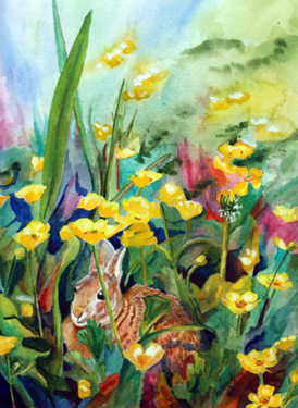 Hidden Under the Gold - Matted 20 x 16 watercolour - $600 - Rabbit hidden under a bed of buttercups in a field