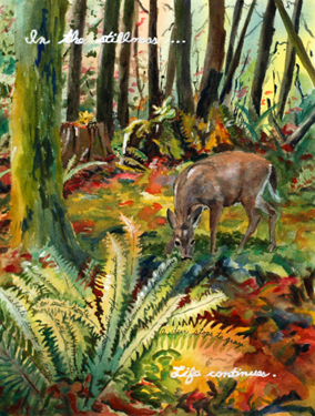 In the Stillness - Matted 16 x 20 watercolour - $600 - Deer grazing in a secluded forest