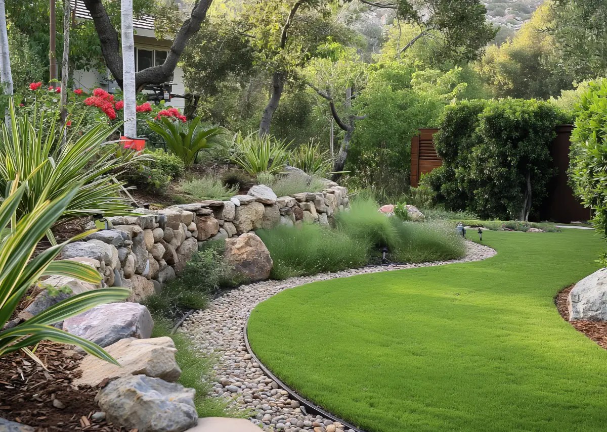 A landscaped garden with a curved green lawn space, stone borders, shrubs, trees, and decorative rocks.