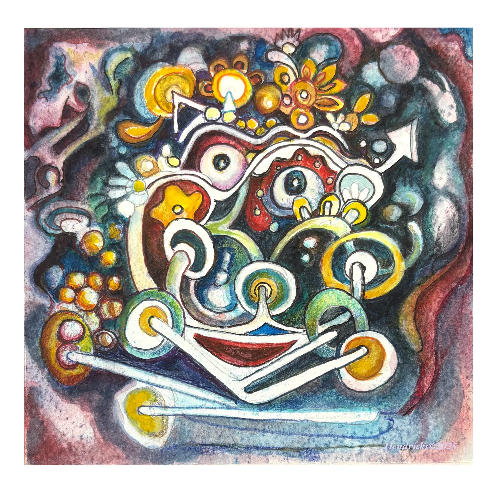 Finished mixed-media drawing Marsha P., featuring an exuberant face surrounded by flowers, circular forms, and richly layered colors.