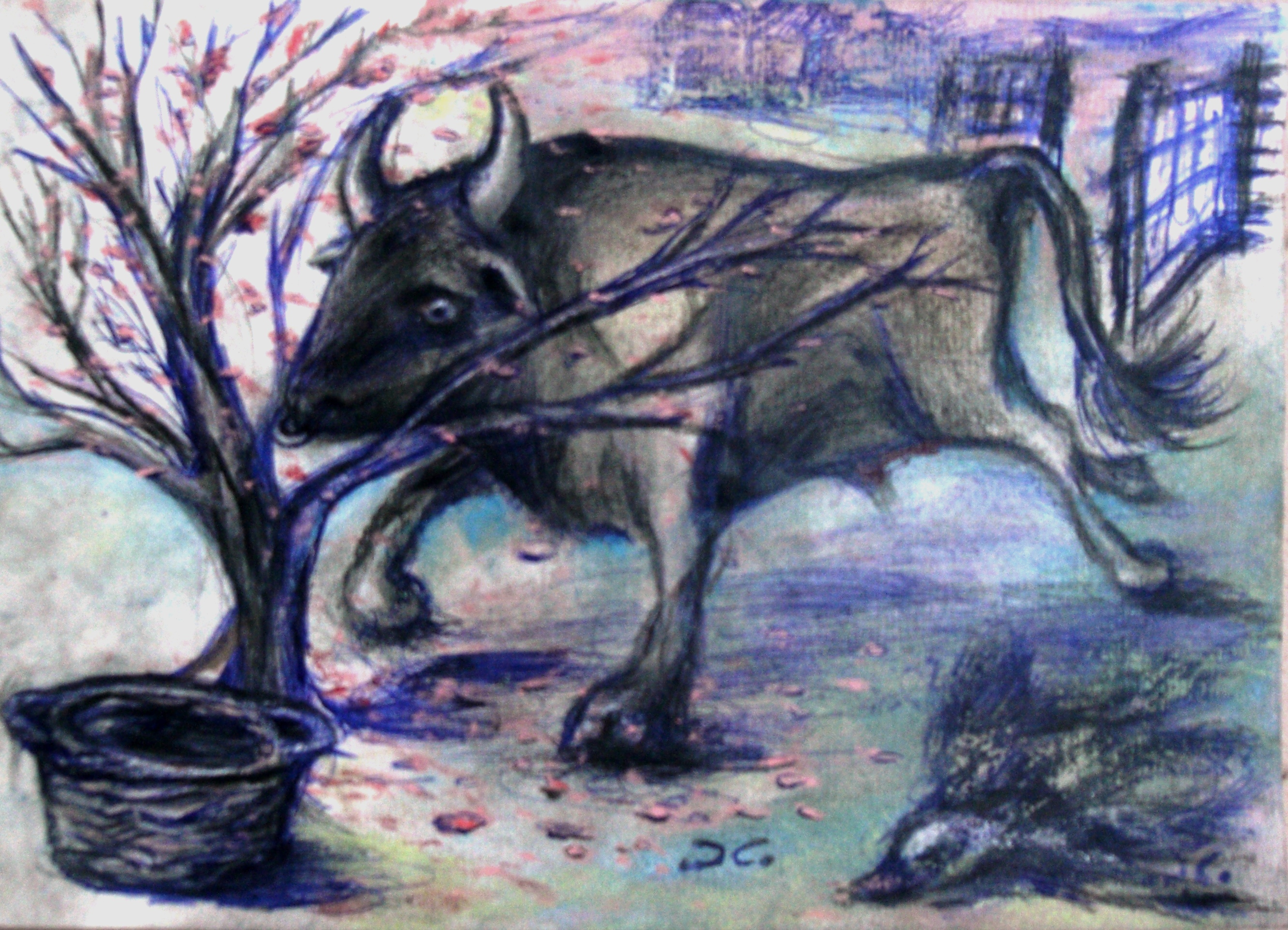 “Taurus”-illustration for a book of short stories (“La Casa ricamata”), crayons and mixed media on paper, cm 33 x 24, 2014