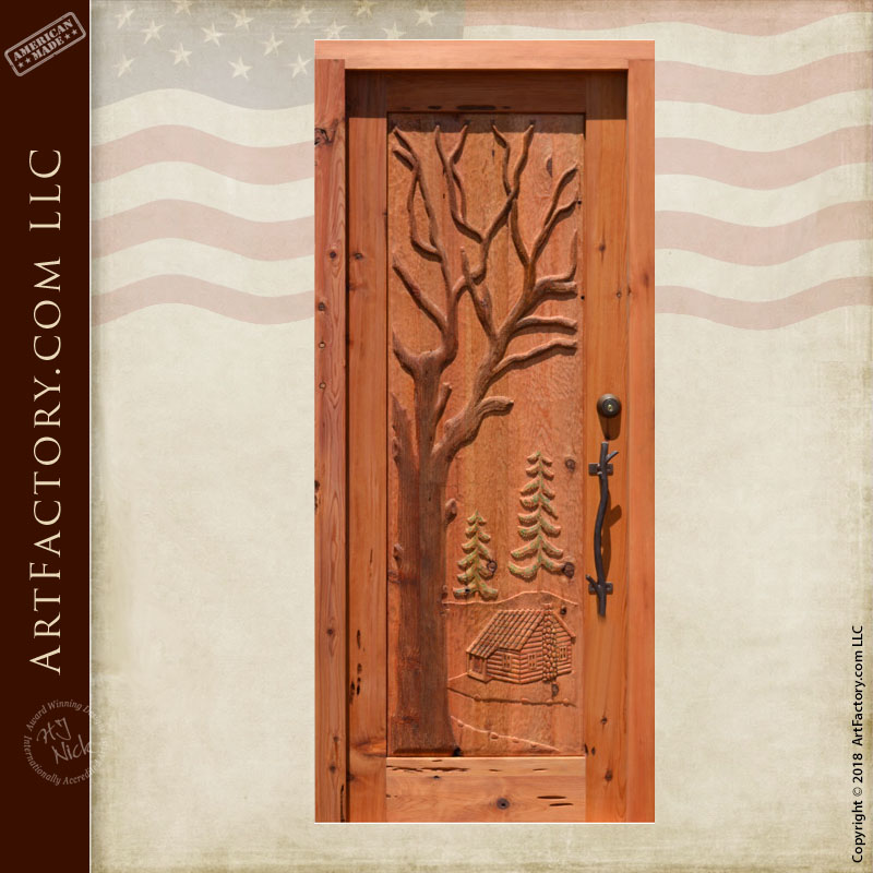 Cabin Carved Front Door Fine Art Nature Inspired Wood Carving
